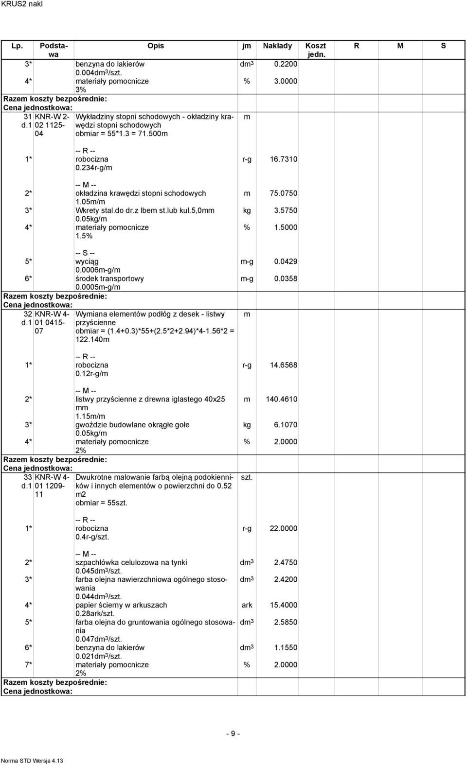 12r-g/m Wymiana elementów podłóg z desek - listwy przyścienne obmiar = (1.4+0.3)*55+(2.5*2+2.94)*4-1.56*2 = 122.140m 2* listwy przyścienne z drewna iglastego 40x25 mm 1.