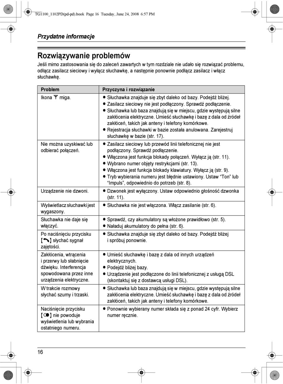 problemu, odłącz zasilacz sieciowy i wyłącz słuchawkę, a następnie ponownie podłącz zasilacz i włącz słuchawkę. Problem Ikona w miga. Nie można uzyskiwać lub odbierać połączeń. Urządzenie nie dzwoni.