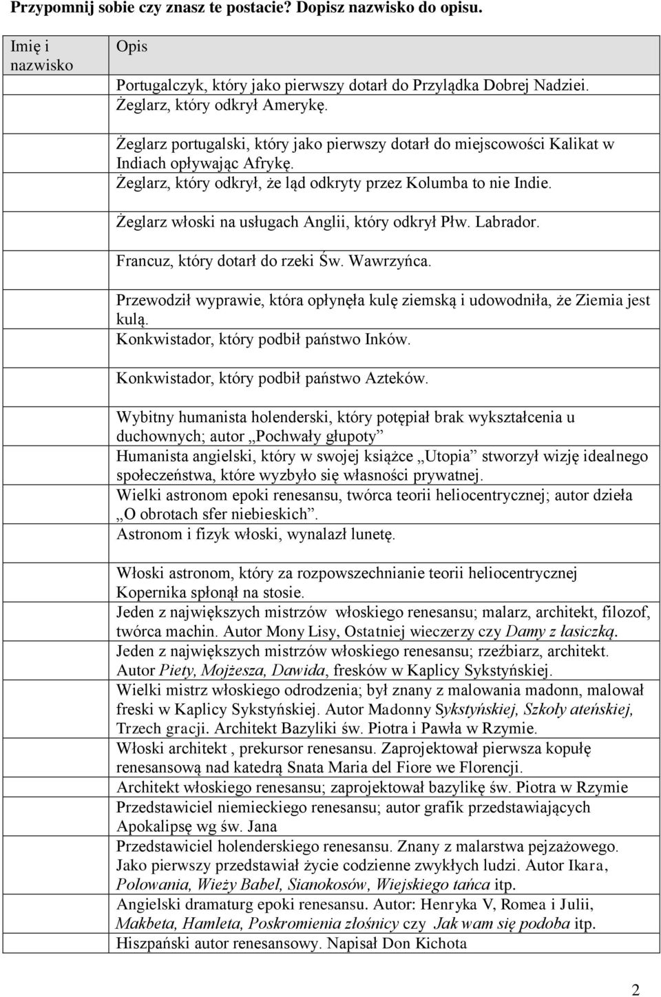 Żeglarz włoski na usługach Anglii, który odkrył Płw. Labrador. Francuz, który dotarł do rzeki Św. Wawrzyńca. Przewodził wyprawie, która opłynęła kulę ziemską i udowodniła, że Ziemia jest kulą.