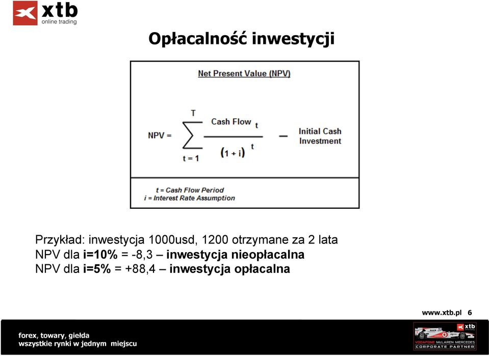 i=10% = -8,3 inwestycja nieopłacalna NPV dla