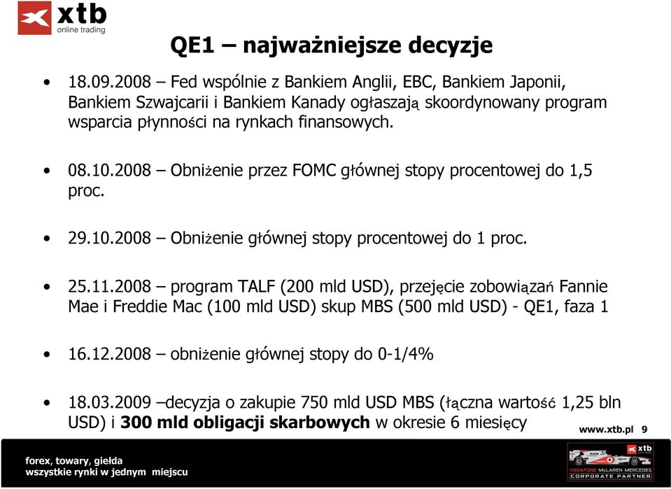 finansowych. 08.10.2008 Obniżenie przez FOMC g ównej stopy procentowej do 1,5 proc. 29.10.2008 Obniżenie g ównej stopy procentowej do 1 proc. 25.11.