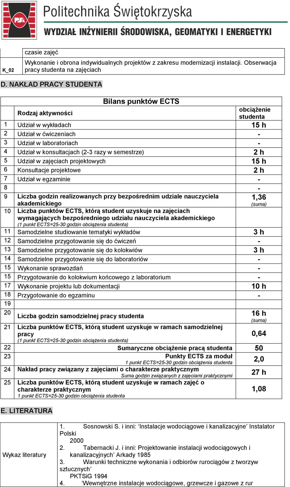 semestrze) 2 h 5 Udział w zajęciach projektowych 15 h 6 Konsultacje projektowe 2 h 7 Udział w egzaminie - 8 9 Liczba godzin realizowanych przy bezpośrednim udziale nauczyciela akademickiego - 1,36