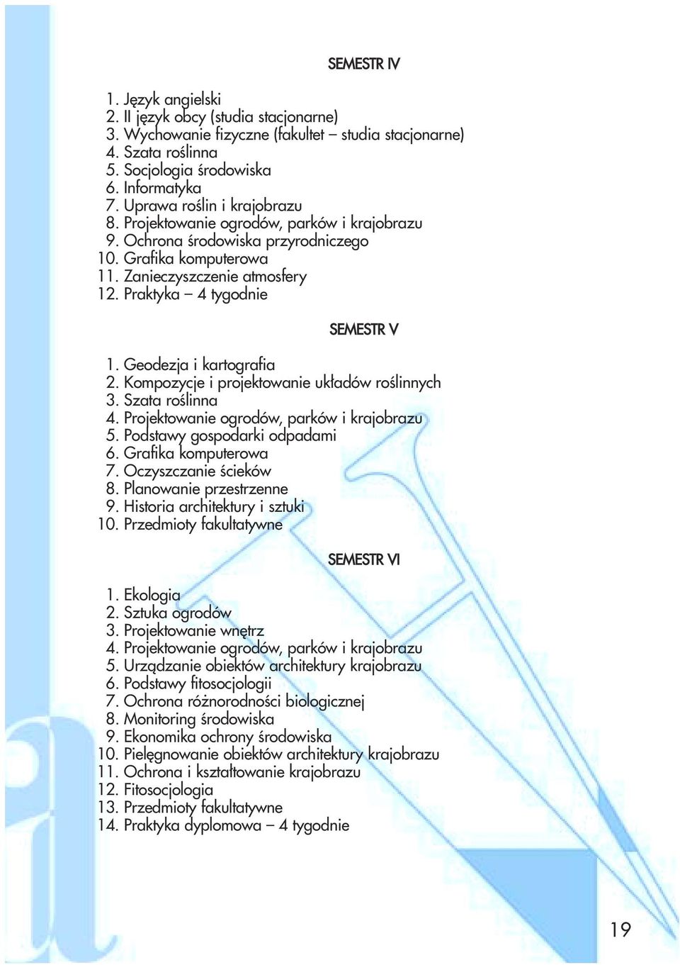 Projektowanie ogrodów, parków i krajobrazu 5. Podstawy gospodarki odpadami 6. Grafika komputerowa 7. Oczyszczanie ścieków 8. Planowanie przestrzenne 9. Historia architektury i sztuki 10.