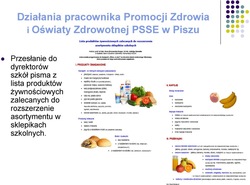 szkół pisma z lista produktów żywnościowych