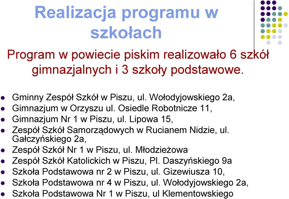 Lipowa 15, Zespół Szkół Samorządowych w Rucianem Nidzie, ul. Gałczyńskiego 2a, Zespół Szkół Nr 1 w Piszu, ul.