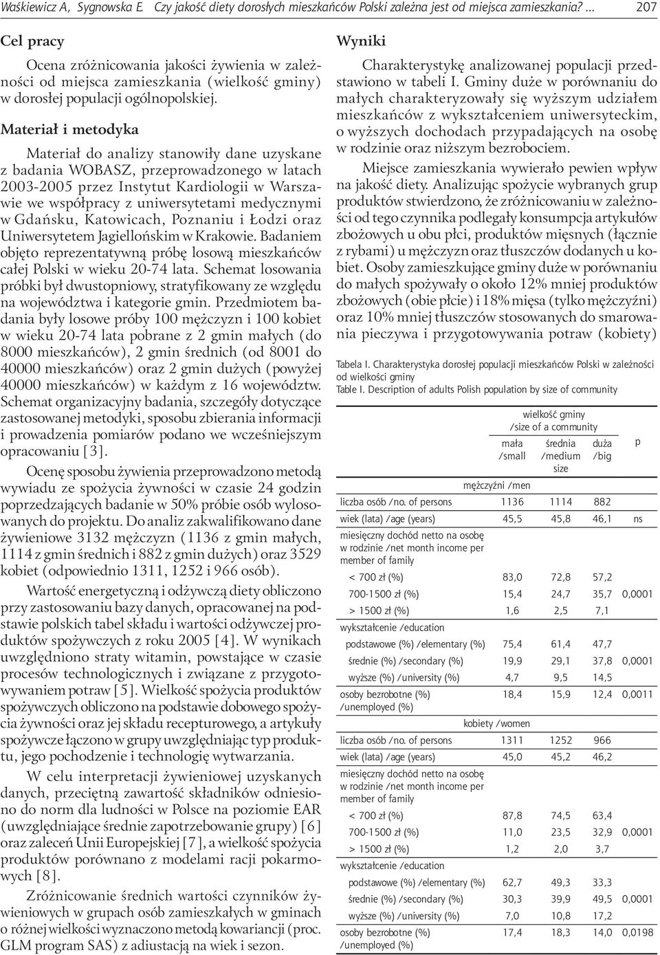 Materiał i metodyka Materiał do analizy stanowiły dane uzyskane z badania WOBASZ, przeprowadzonego w latach 2003-2005 przez Instytut Kardiologii w Warszawie we współpracy z uniwersytetami medycznymi