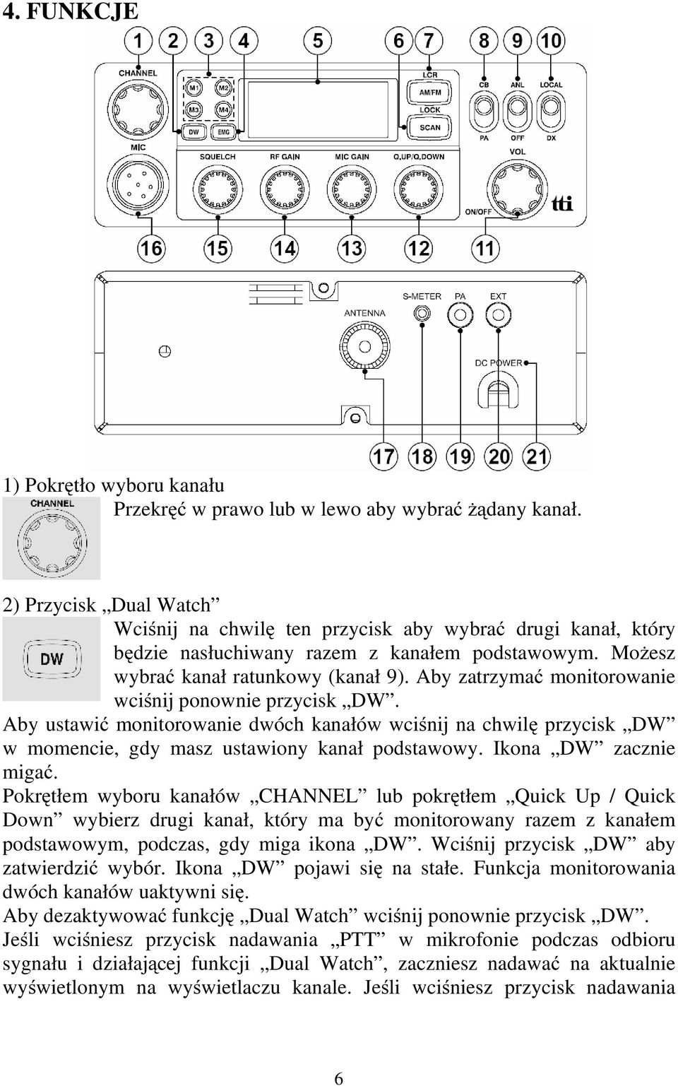 Aby zatrzymać monitorowanie wciśnij ponownie przycisk DW. Aby ustawić monitorowanie dwóch kanałów wciśnij na chwilę przycisk DW w momencie, gdy masz ustawiony kanał podstawowy. Ikona DW zacznie migać.