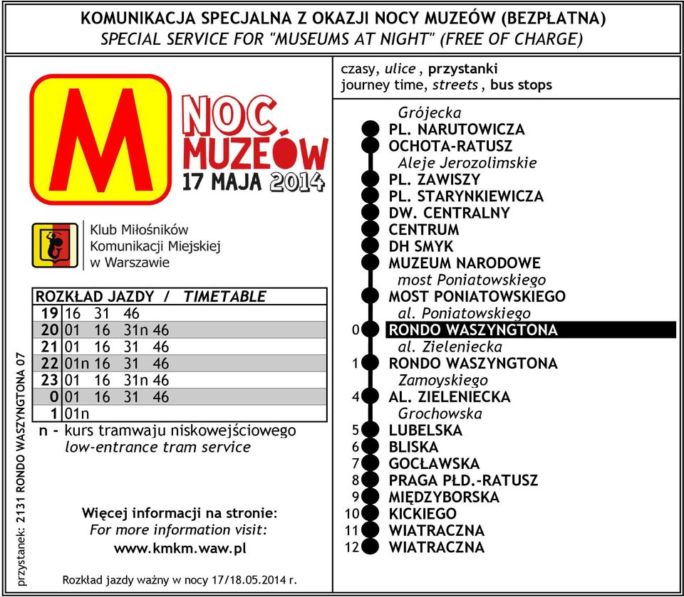 CENTRALNY CENTRU DH SYK UZEU NARODOWE most Poniatowskiego ROZKŁAD JAZDY / TIETABLE OST PONIATOWSKIEGO 19 16 31 46 al.