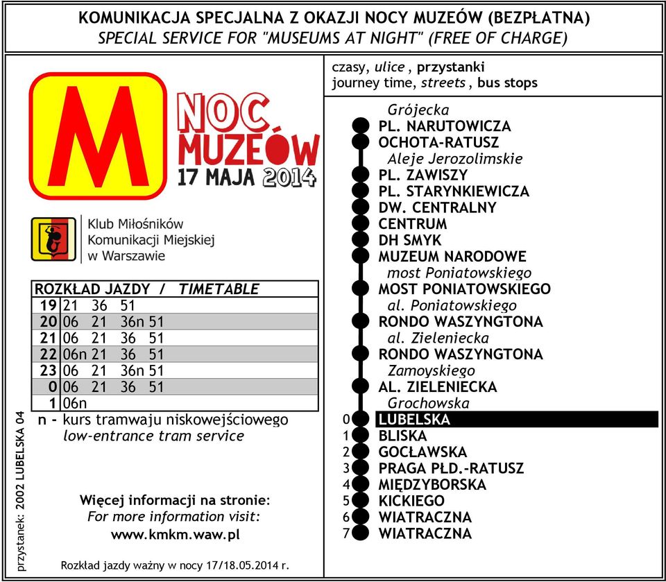 CENTRALNY CENTRU DH SYK UZEU NARODOWE most Poniatowskiego ROZKŁAD JAZDY / TIETABLE OST PONIATOWSKIEGO 19 21 36 51 al.