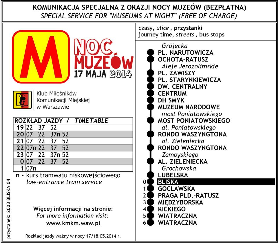 CENTRALNY CENTRU DH SYK UZEU NARODOWE most Poniatowskiego ROZKŁAD JAZDY / TIETABLE OST PONIATOWSKIEGO 19 22 37 52 al.