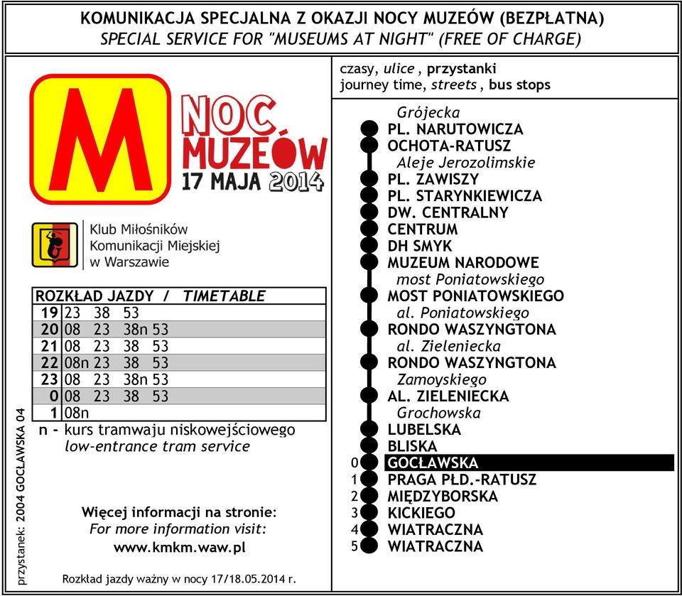 CENTRALNY CENTRU DH SYK UZEU NARODOWE most Poniatowskiego ROZKŁAD JAZDY / TIETABLE OST PONIATOWSKIEGO 19 23 38 53 al.