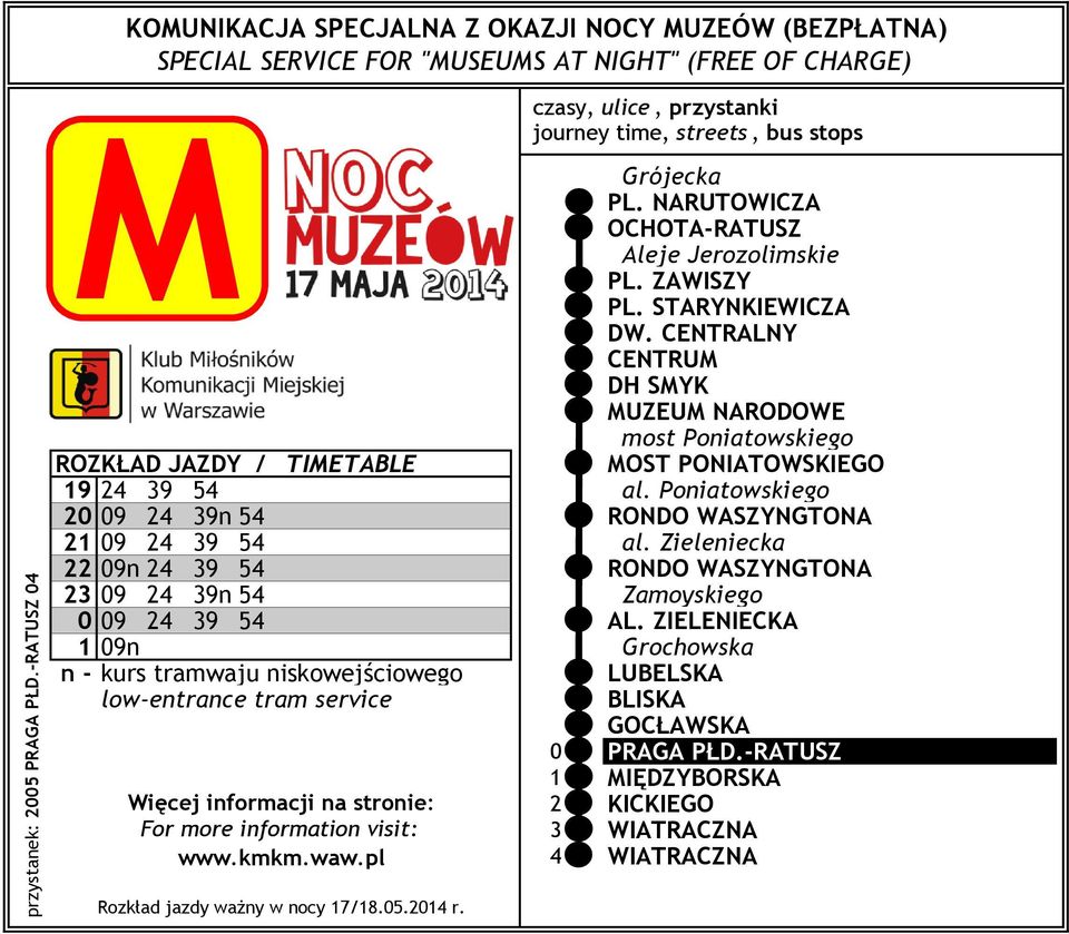 CENTRALNY CENTRU DH SYK UZEU NARODOWE most Poniatowskiego ROZKŁAD JAZDY / TIETABLE OST PONIATOWSKIEGO 19 24 39 54 al.