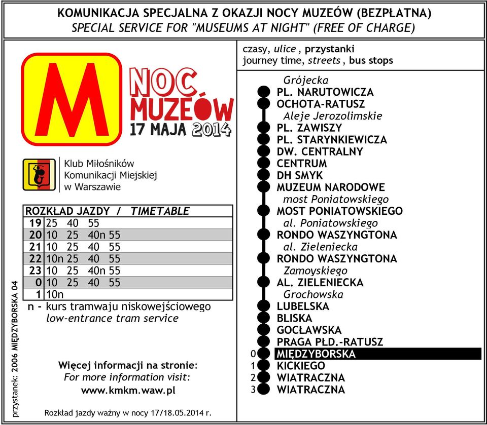 CENTRALNY CENTRU DH SYK UZEU NARODOWE most Poniatowskiego ROZKŁAD JAZDY / TIETABLE OST PONIATOWSKIEGO 19 25 40 55 al.