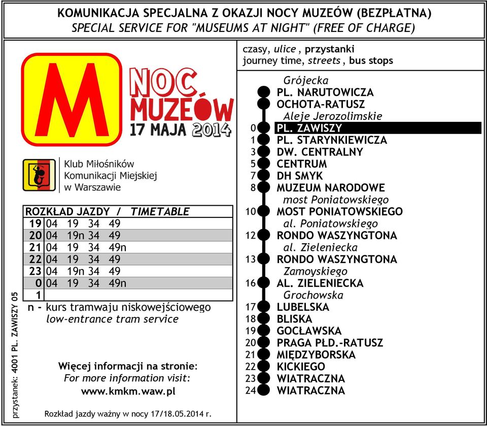 CENTRALNY 5 CENTRU 7 DH SYK 8 UZEU NARODOWE most Poniatowskiego ROZKŁAD JAZDY / TIETABLE 10 OST PONIATOWSKIEGO 19 04 19 34 49 al.