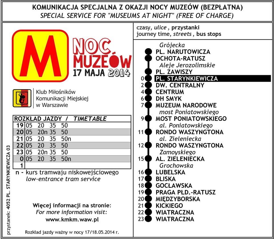 CENTRALNY 4 CENTRU 6 DH SYK 7 UZEU NARODOWE most Poniatowskiego ROZKŁAD JAZDY / TIETABLE 9 OST PONIATOWSKIEGO 19 05 20 35 50 al.