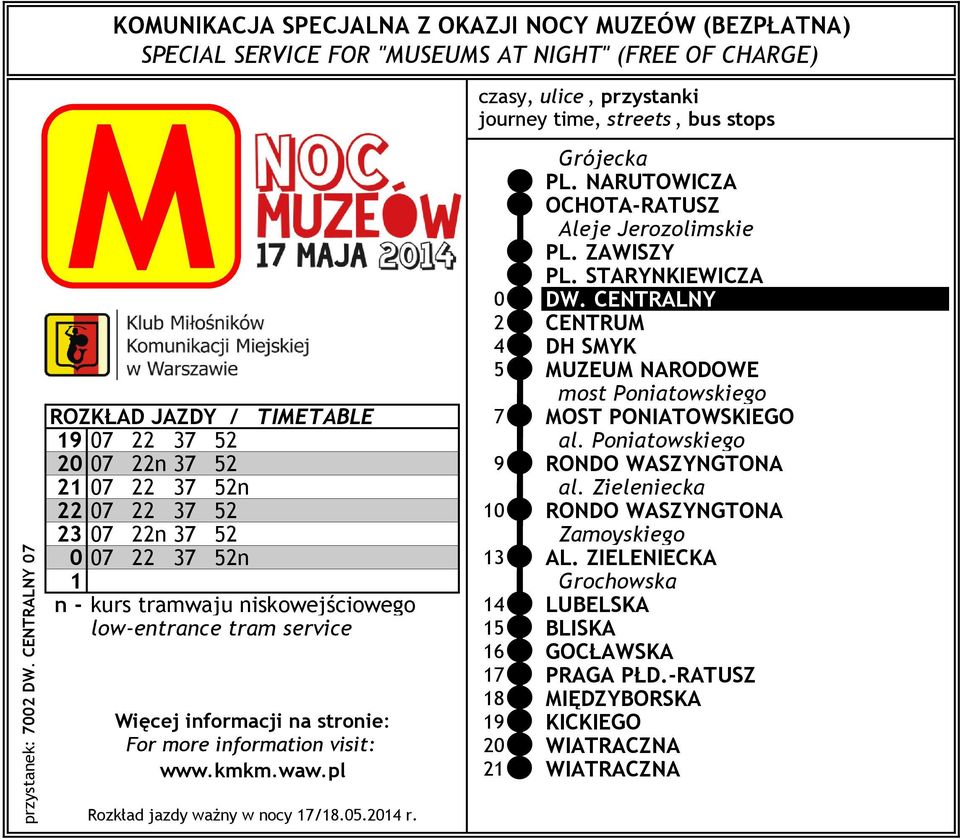 CENTRALNY 2 CENTRU 4 DH SYK 5 UZEU NARODOWE most Poniatowskiego ROZKŁAD JAZDY / TIETABLE 7 OST PONIATOWSKIEGO 19 07 22 37 52 al.