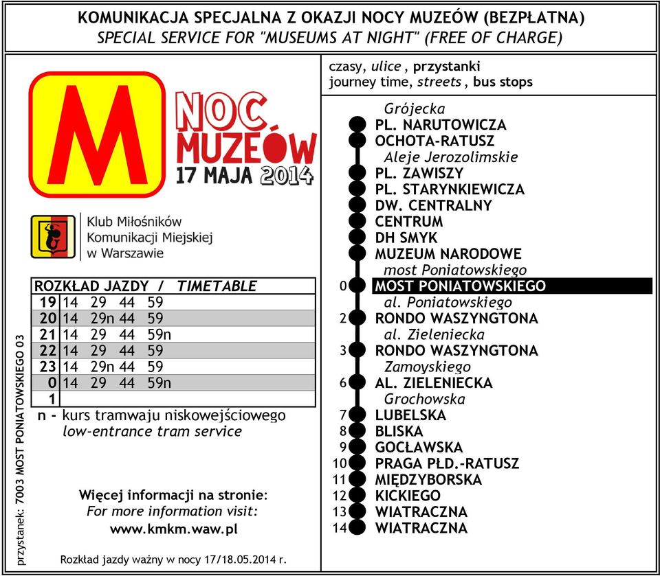 CENTRALNY CENTRU DH SYK UZEU NARODOWE most Poniatowskiego ROZKŁAD JAZDY / TIETABLE 0 OST PONIATOWSKIEGO 19 14 29 44 59 al.