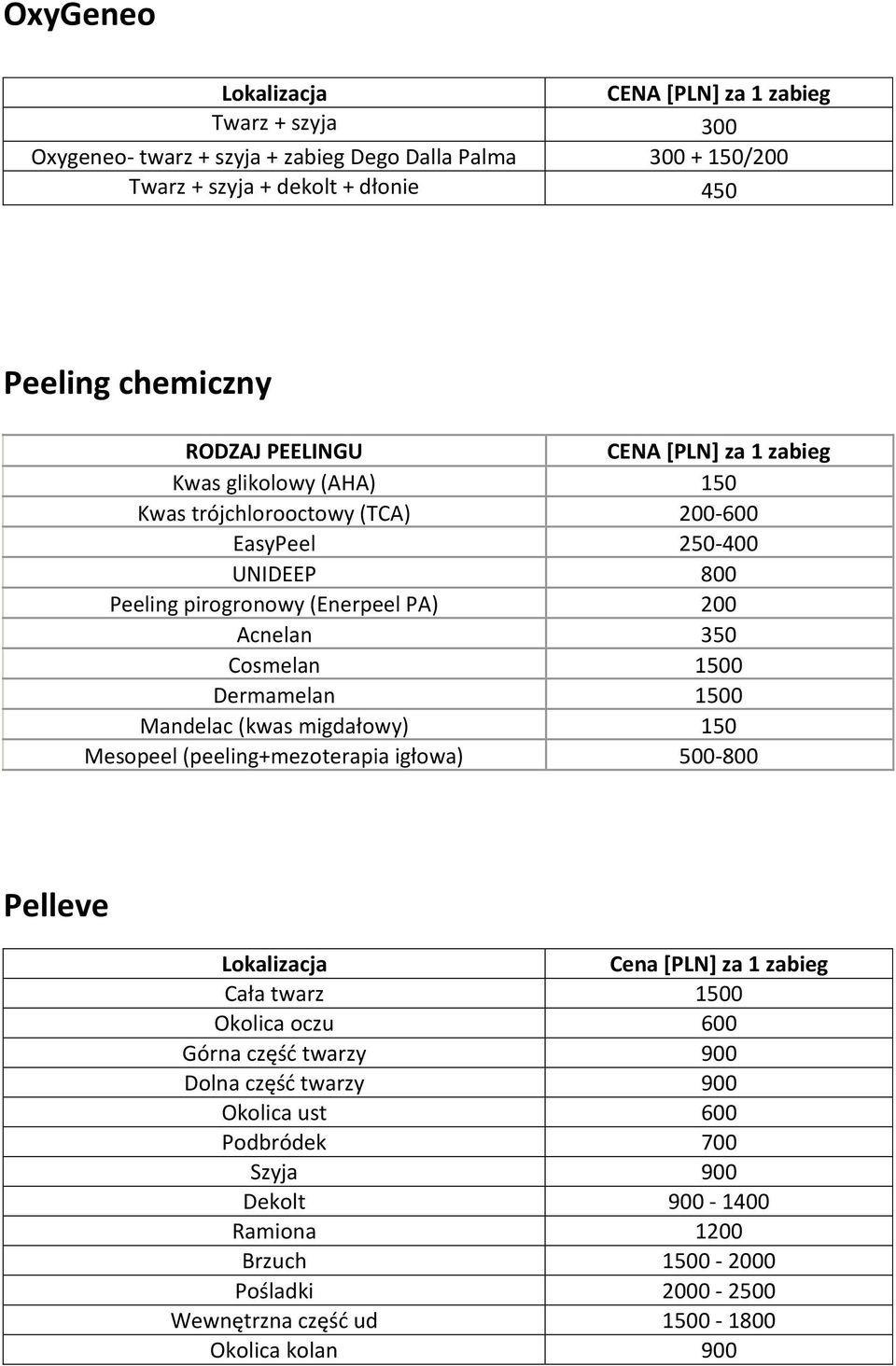 Mandelac (kwas migdałowy) 150 Mesopeel (peeling+mezoterapia igłowa) 500-800 Pelleve Lokalizacja Cena [PLN] za 1 zabieg Cała twarz 1500 Okolica oczu 600 Górna częśd twarzy