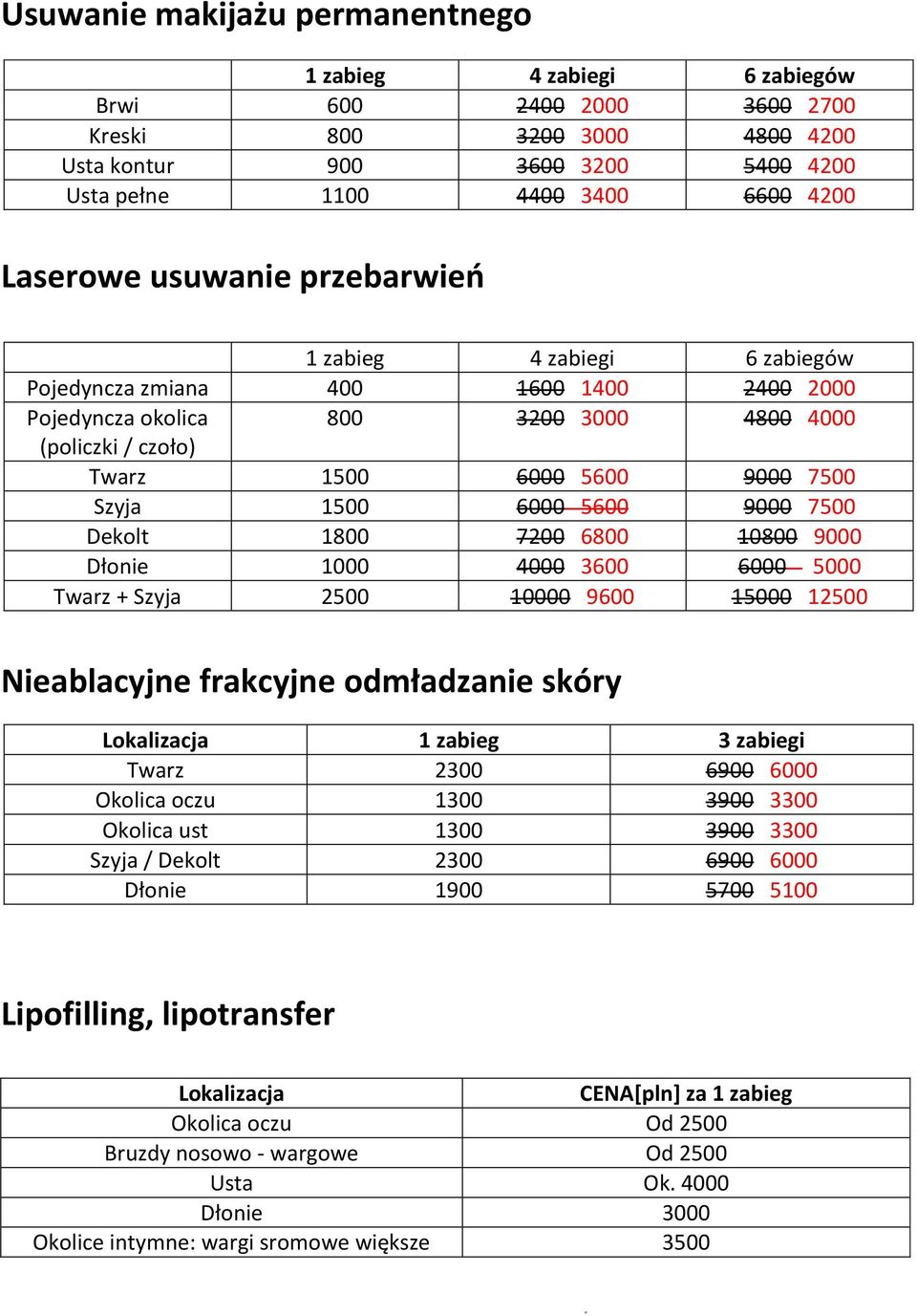 Szyja 1500 6000 5600 9000 7500 Dekolt 1800 7200 6800 10800 9000 Dłonie 1000 4000 3600 6000 5000 Twarz + Szyja 2500 10000 9600 15000 12500 Nieablacyjne frakcyjne odmładzanie skóry Lokalizacja 1 zabieg