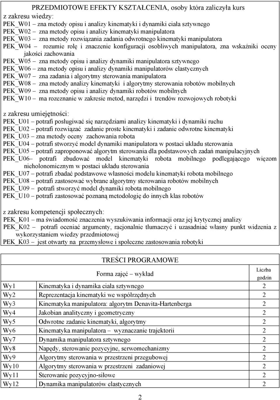 PEK_W05 zna metody opisu i analizy dynamiki manipulatora sztywnego PEK_W06 zna metody opisu i analizy dynamiki manipulatorów elastycznych PEK_W07 zna zadania i algorytmy sterowania manipulatora