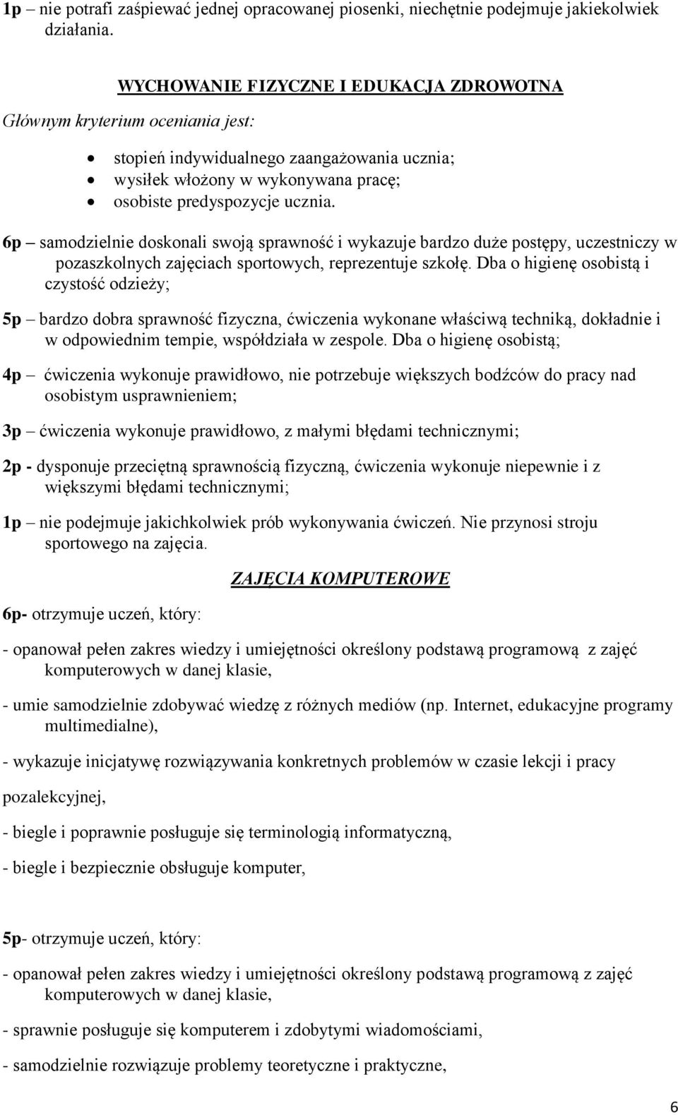 6p samodzielnie doskonali swoją sprawność i wykazuje bardzo duże postępy, uczestniczy w pozaszkolnych zajęciach sportowych, reprezentuje szkołę.