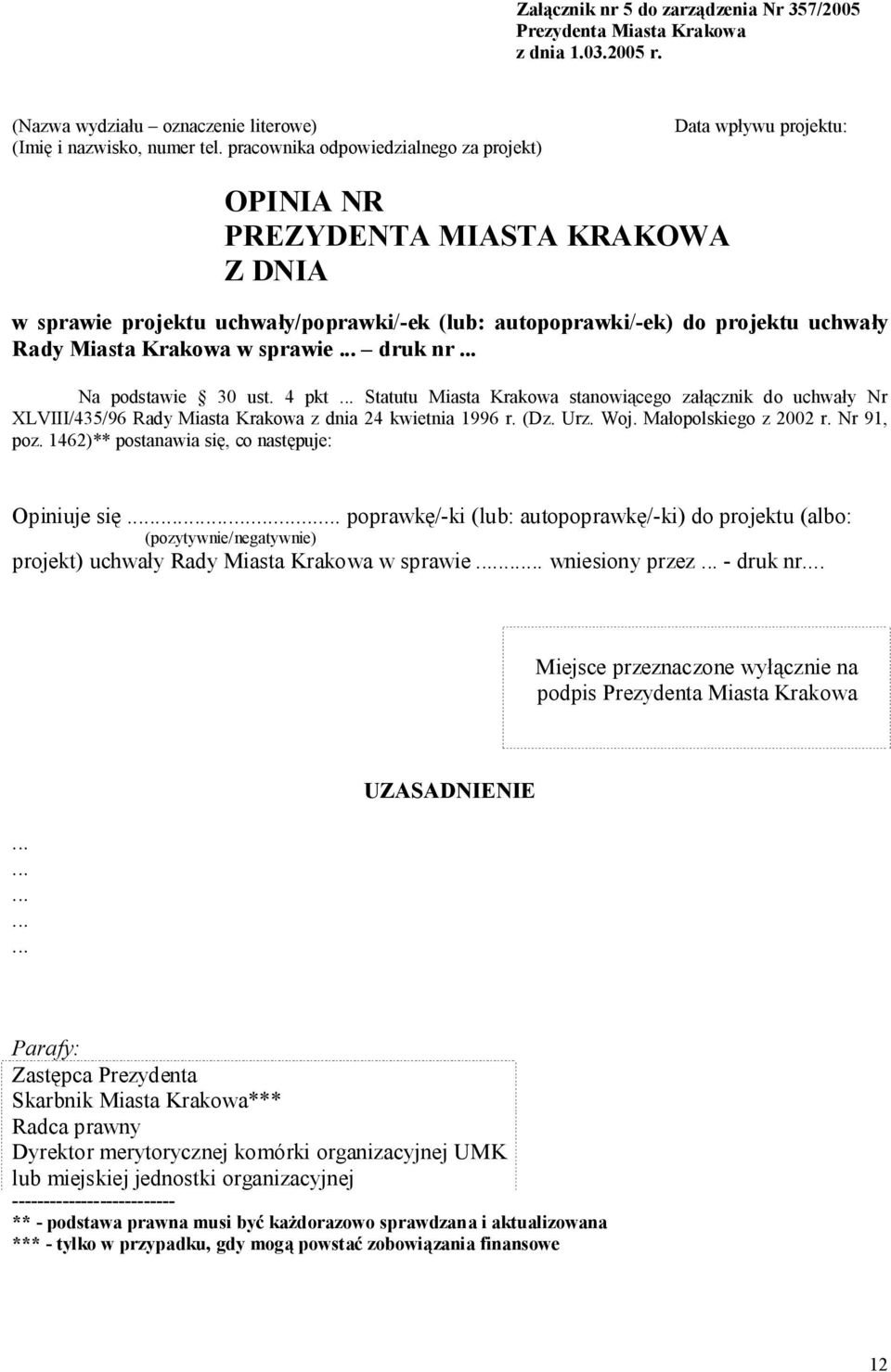 Miasta Krakowa w sprawie... druk nr... Na podstawie 30 ust. 4 pkt... Statutu Miasta Krakowa stanowiącego załącznik do uchwały Nr XLVIII/435/96 Rady Miasta Krakowa z dnia 24 kwietnia 1996 r. (Dz. Urz.