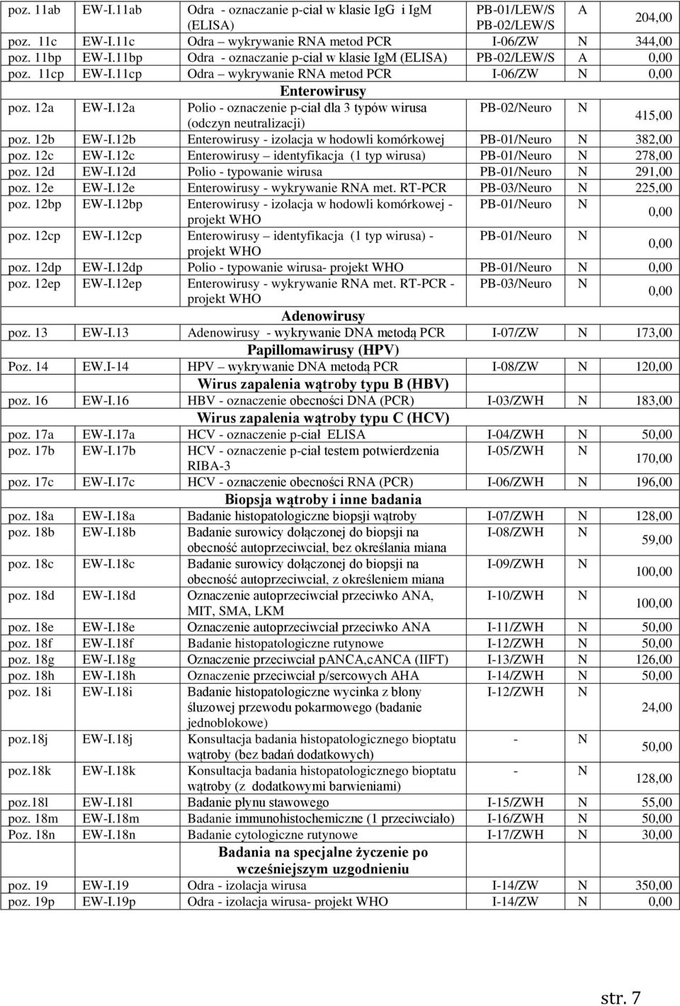 12a Polio - oznaczenie p-ciał dla 3 typów wirusa PB-02/euro (odczyn neutralizacji) 415,00 poz. 12b EW-I.12b Enterowirusy - izolacja w hodowli komórkowej PB-01/euro 382,00 poz. 12c EW-I.