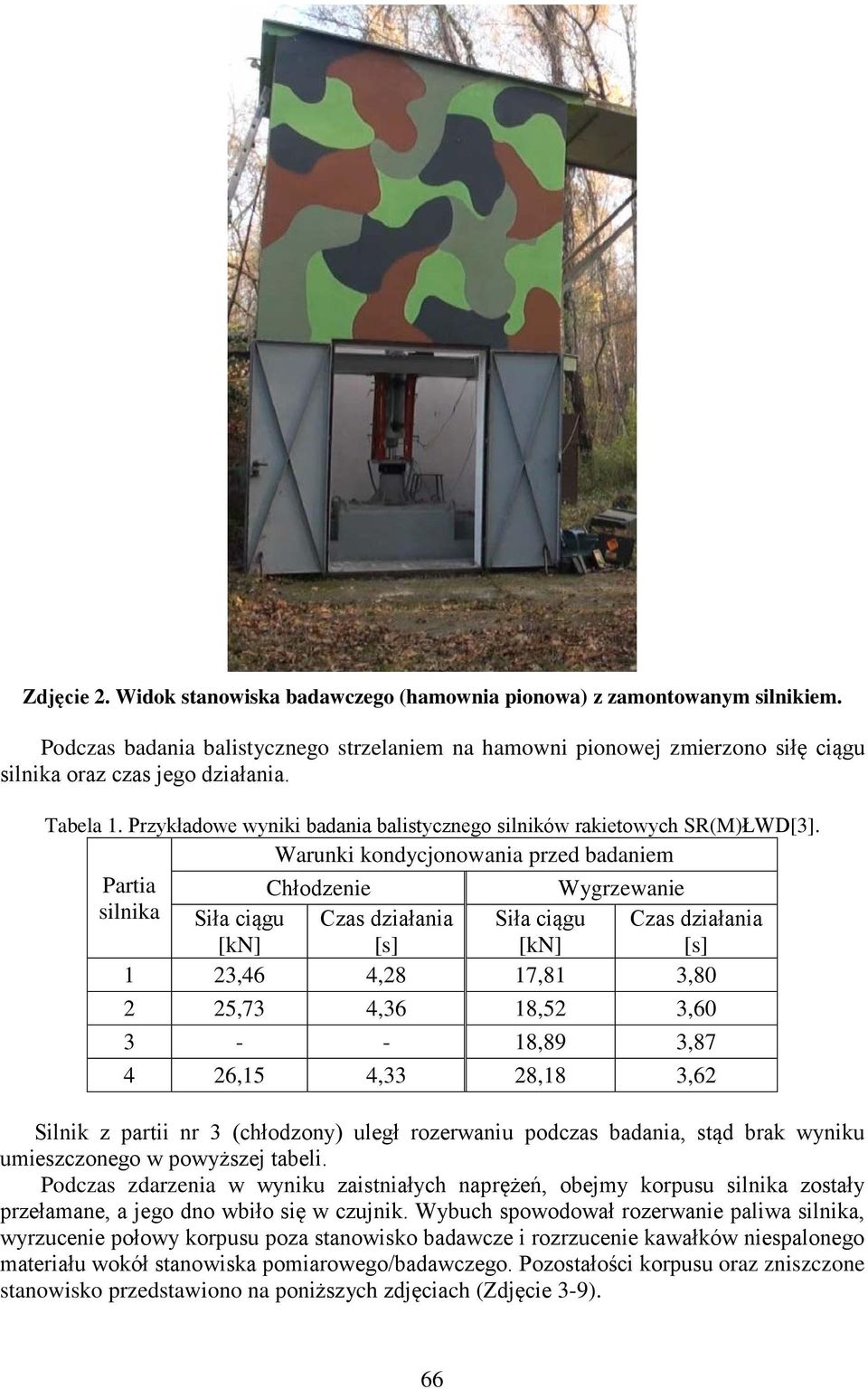 Warunki kondycjonowania przed badaniem Partia Chłodzenie Wygrzewanie silnika Siła ciągu [kn] Czas działania [s] Siła ciągu [kn] Czas działania [s] 1 23,46 4,28 17,81 3,80 2 25,73 4,36 18,52 3,60 3 -