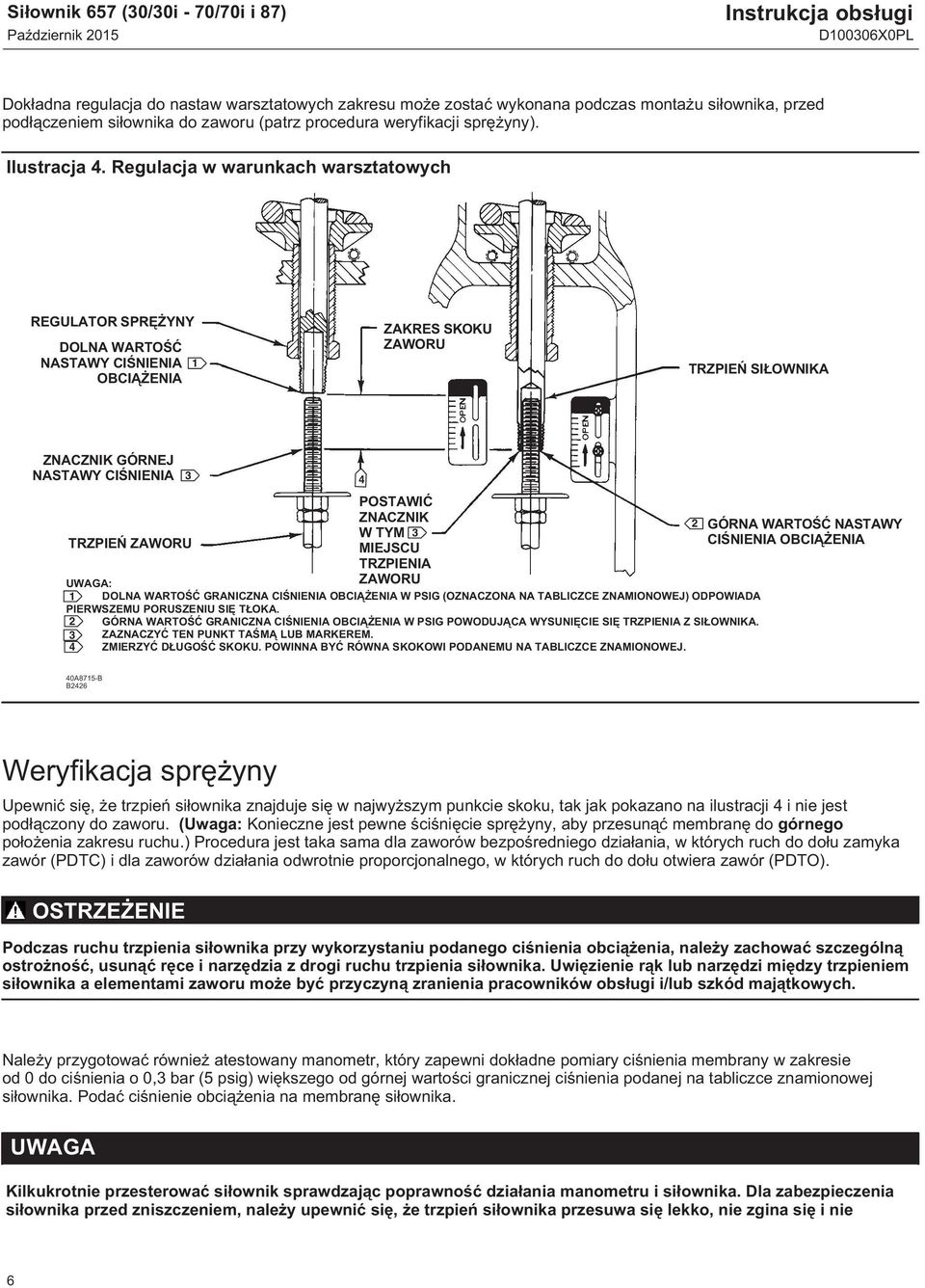 Regulacja w warunkach warsztatowych REGULATOR SPRĘŻYNY DOLNA WARTOŚĆ NASTAWY CIŚNIENIA OBCIĄŻENIA 1 ZAKRES SKOKU ZAWORU TRZPIEŃ SIŁOWNIKA ZNACZNIK GÓRNEJ NASTAWY CIŚNIENIA 3 4 POSTAWIĆ ZNACZNIK 2