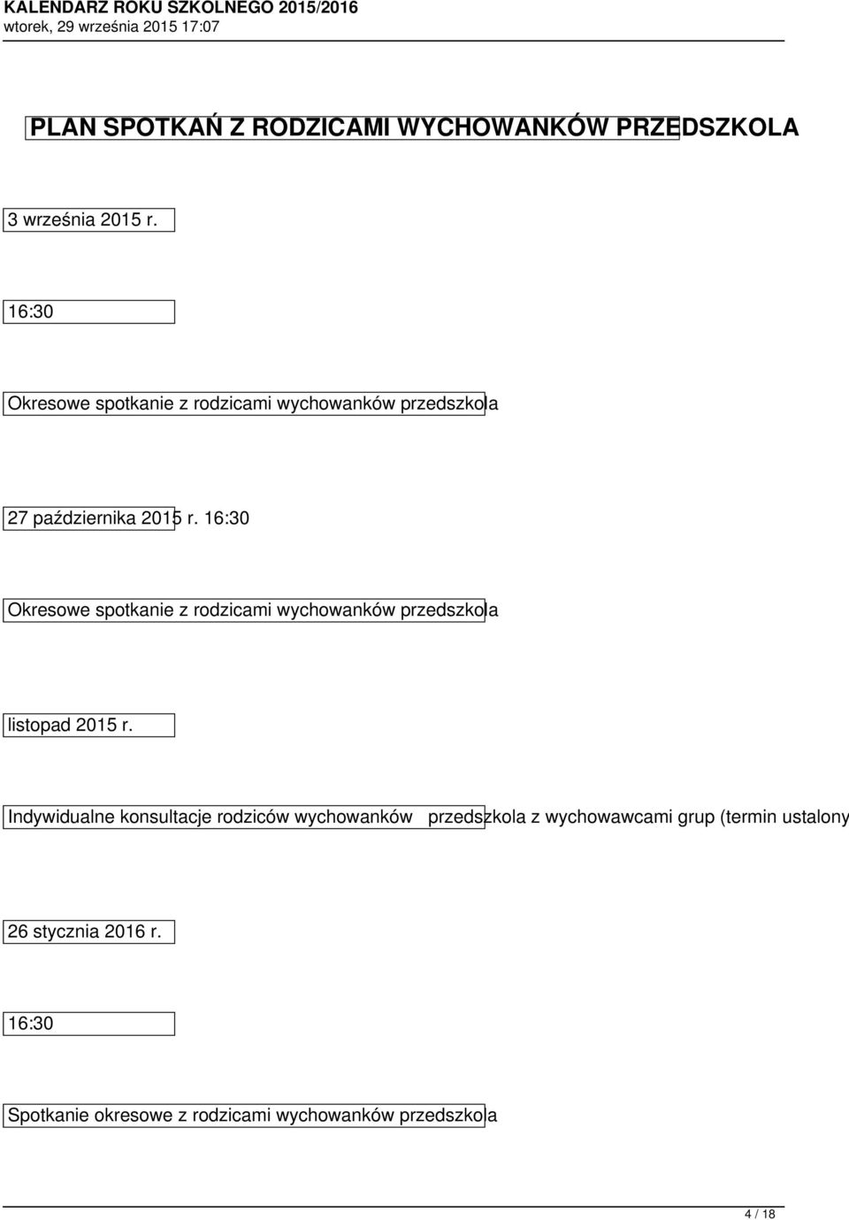 Okresowe spotkanie z rodzicami wychowanków przedszkola listopad 2015 r.