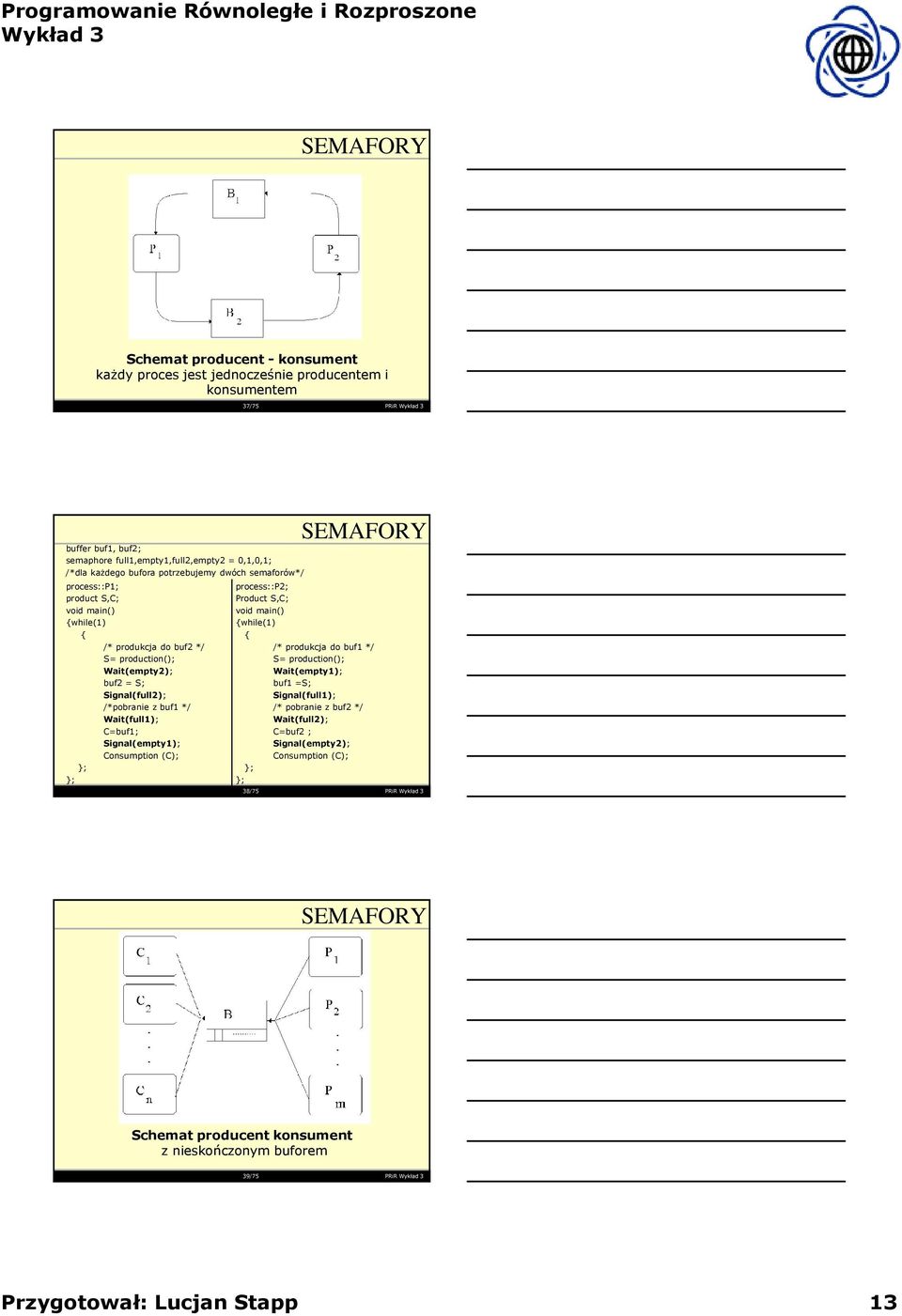 zbuf1 */ Wait(full1); C=buf1; Signal(empty1); Consumption(C); process::p2; Product S,C; while(1) /* produkcjado buf1 */ S= production(); Wait(empty1); buf1 =S;