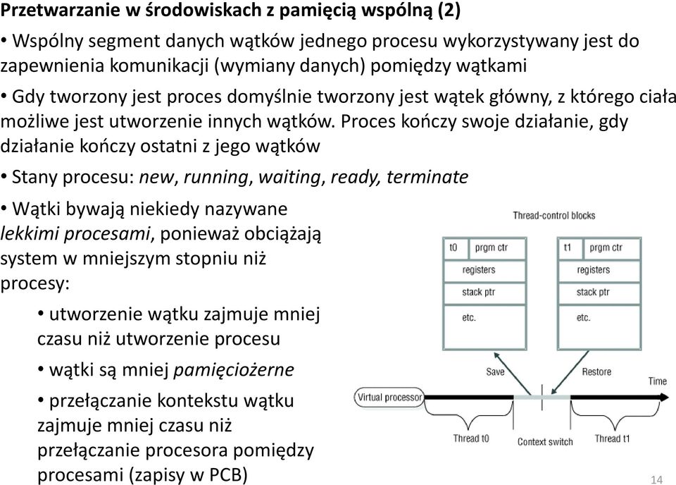 Proces kończy swoje działanie, gdy działanie kończy ostatni z jego wątków Stany procesu: new, running, waiting, ready, terminate Wątki bywają niekiedy nazywane lekkimi procesami,