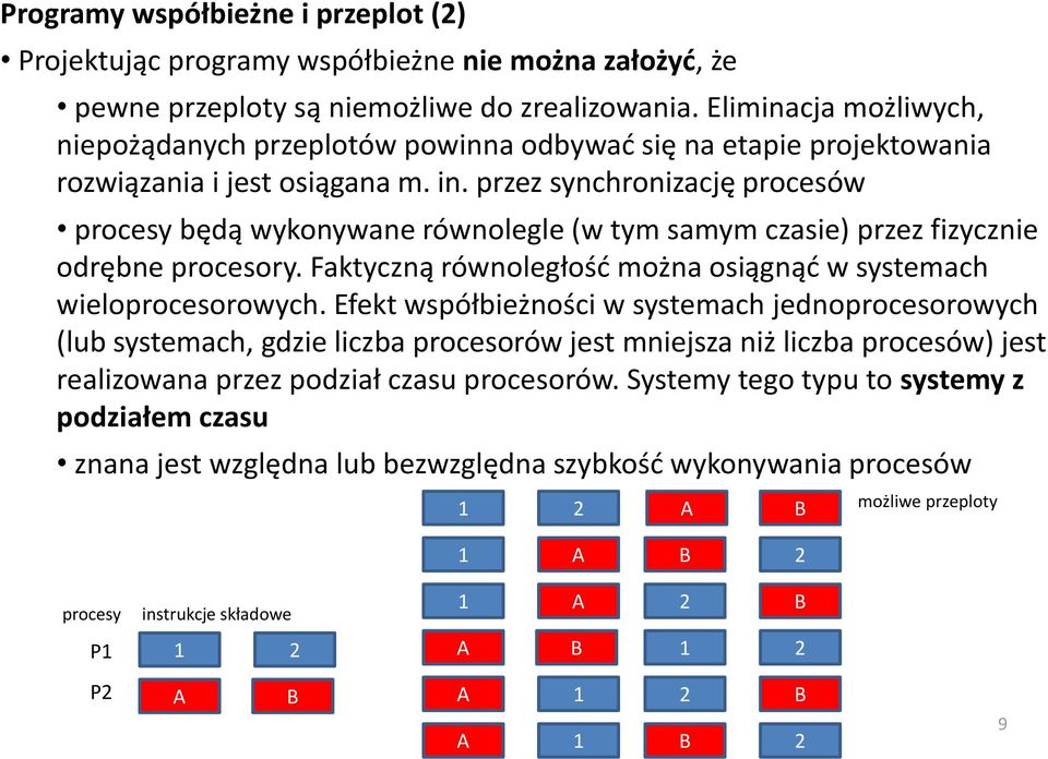 przez synchronizację procesów procesy będą wykonywane równolegle (w tym samym czasie) przez fizycznie odrębne procesory. Faktyczną równoległość można osiągnąć w systemach wieloprocesorowych.
