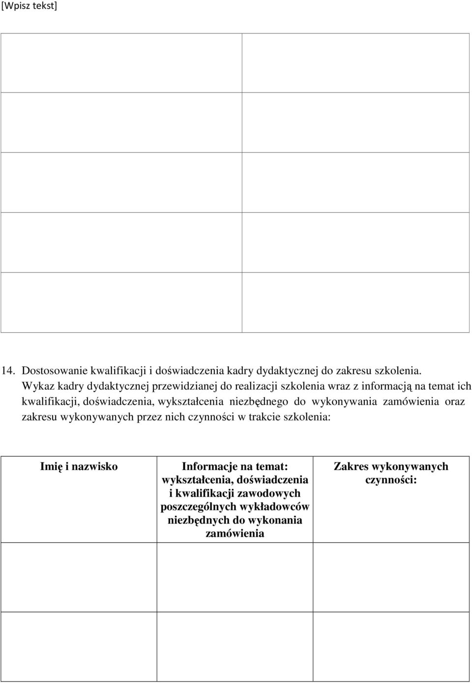 wykształcenia niezbędnego do wykonywania zamówienia oraz zakresu wykonywanych przez nich czynności w trakcie szkolenia: Imię i