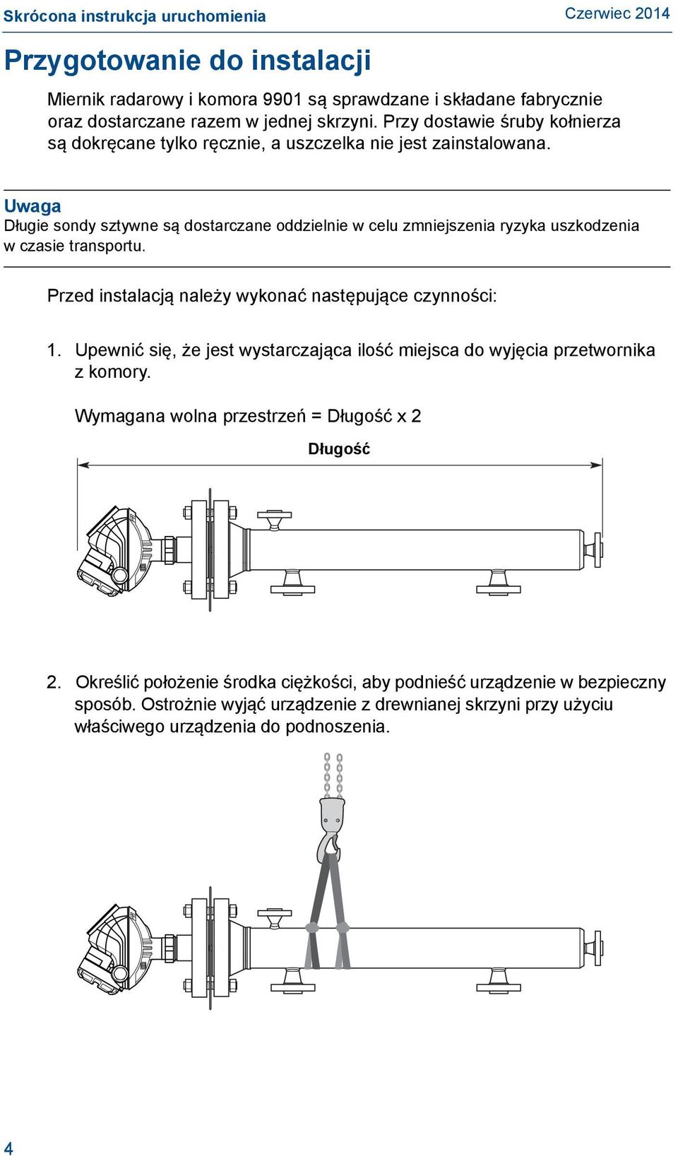 Uwaga Długie sondy sztywne są dostarczane oddzielnie w celu zmniejszenia ryzyka uszkodzenia w czasie transportu. Przed instalacją należy wykonać następujące czynności: 1.