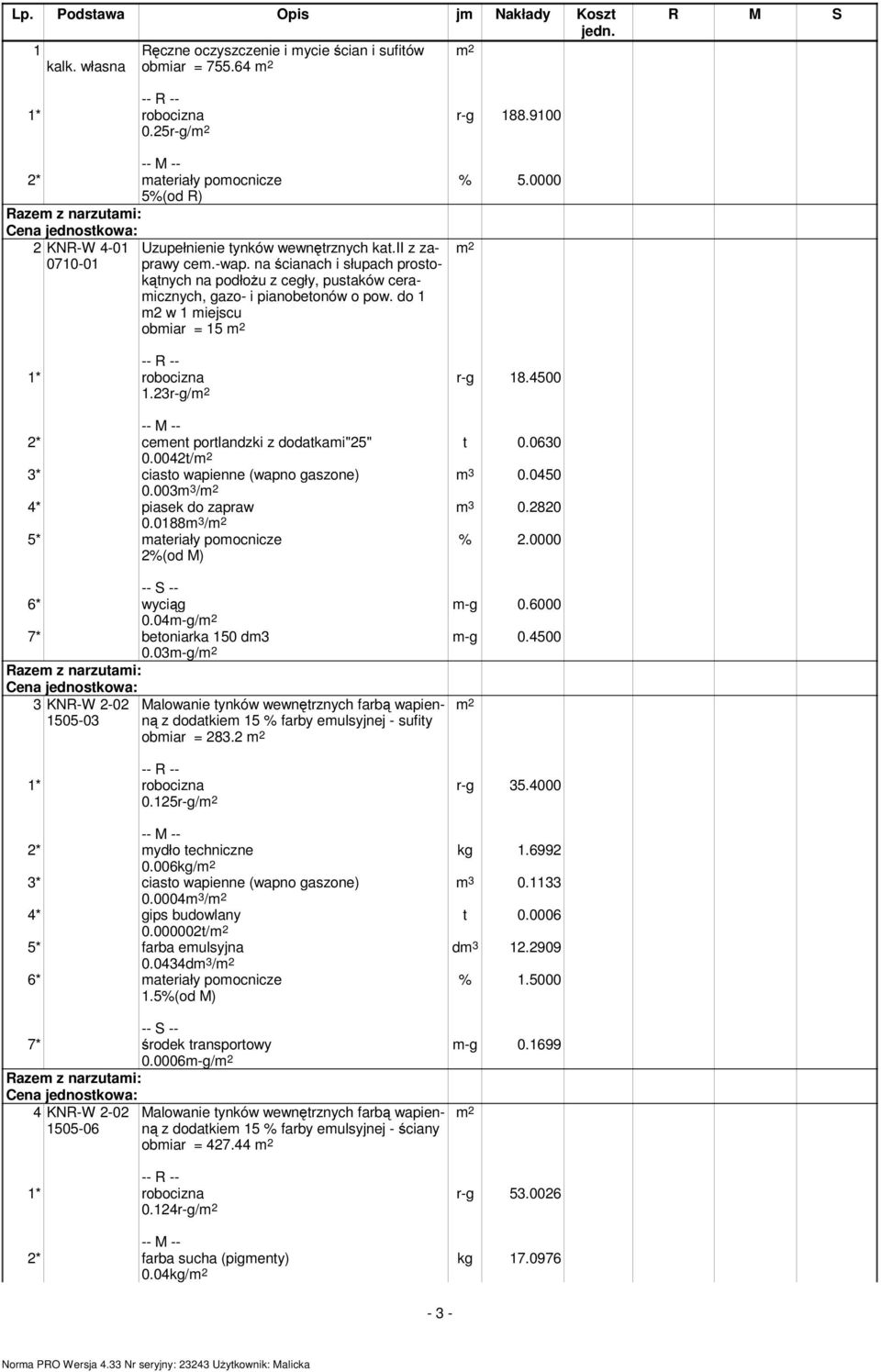 na ścianach i słupach prosto- 0710-01 kątnych na podłożu z cegły, pustaków ceramicznych, gazo- i pianobetonów o pow. do 1 m2 w 1 miejscu obmiar = 15 m 2 % 5.0000 m 2 1.23r-g/m 2 r-g 18.4500 t 0.