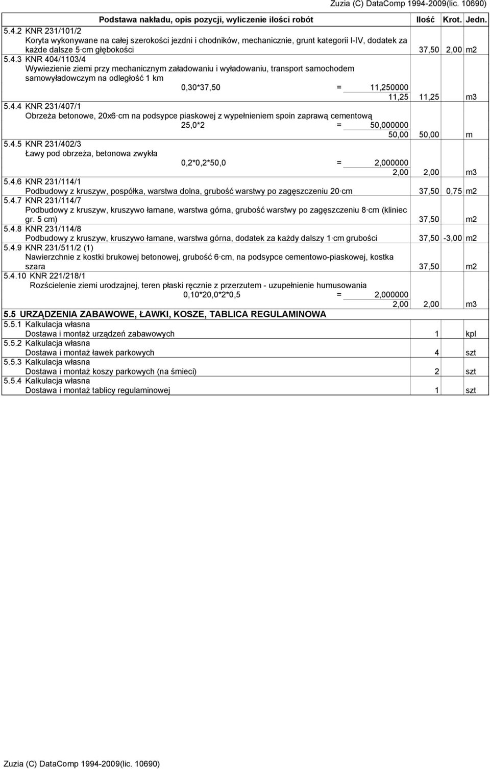 3 KNR 404/1103/4 Wywiezienie ziemi przy mechanicznym załadowaniu i wyładowaniu, transport samochodem samowyładowczym na odległość 1 km 0,30*37,50 = 11,250000 11,25 11,25 m3 5.4.4 KNR 231/407/1 25,0*2 = 50,000000 50,00 50,00 m 5.