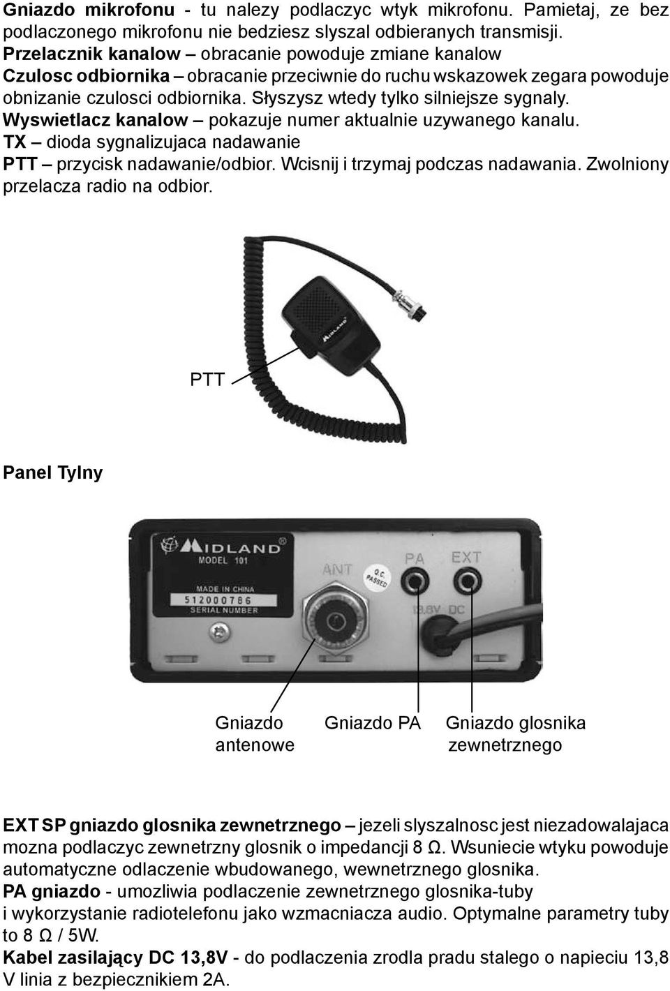 Wyswietlacz kanalow pokazuje numer aktualnie uzywanego kanalu. TX dioda sygnalizujaca nadawanie PTT przycisk nadawanie/odbior. Wcisnij i trzymaj podczas nadawania. Zwolniony przelacza radio na odbior.