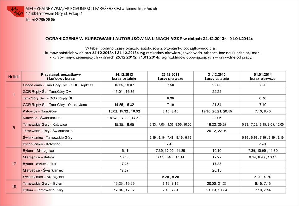 i 31.12.2013r. wg rozkładów obowiązujących w dni robocze bez nauki szkolnej oraz - kursów najwcześniejszych w dniach 25.12.2013r. i 1.01.2014r. wg rozkładów obowiązujących w dni wolne od pracy.