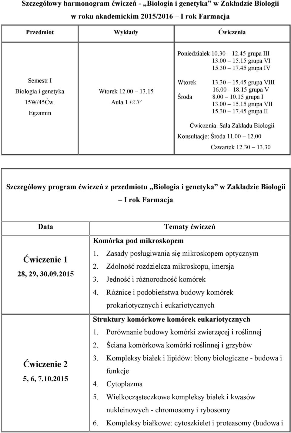 15 grupa VII 15.30 17.45 grupa II Ćwiczenia: Sala Zakładu Biologii Konsultacje: Środa 11.00 12.00 Czwartek 12.30 13.