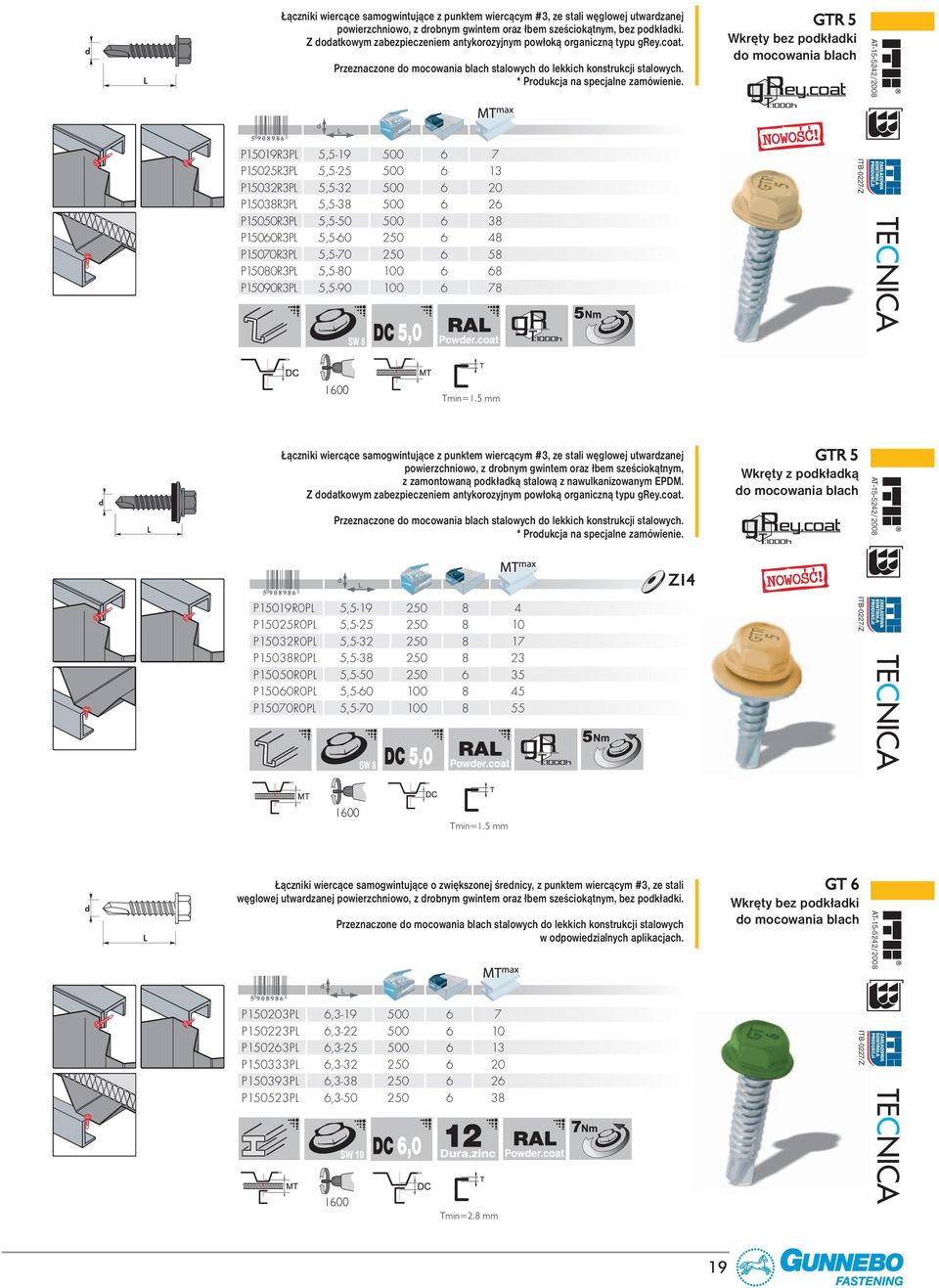 GTR 5 Wkręty bez podkładki P15019R3PL 5,5-19 500 6 7 P15025R3PL 5,5-25 500 6 13 P15032R3PL 5,5-32 500 6 20 P15038R3PL 5,5-38 500 6 26 P15050R3PL 5,5-50 500 6 38 P15060R3PL 5,5-60 250 6 48 P15070R3PL