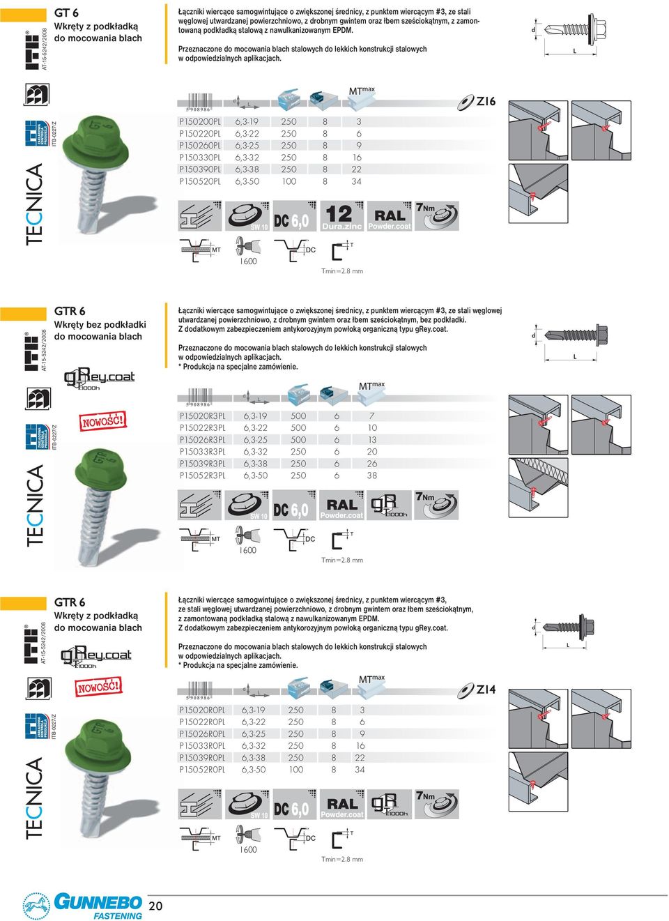 Z16 P150200PL 6,3-19 250 8 3 P150220PL 6,3-22 250 8 6 P150260PL 6,3-25 250 8 9 P150330PL 6,3-32 250 8 16 P150390PL 6,3-38 250 8 22 P150520PL 6,3-50 100 8 34 Tmin=2.