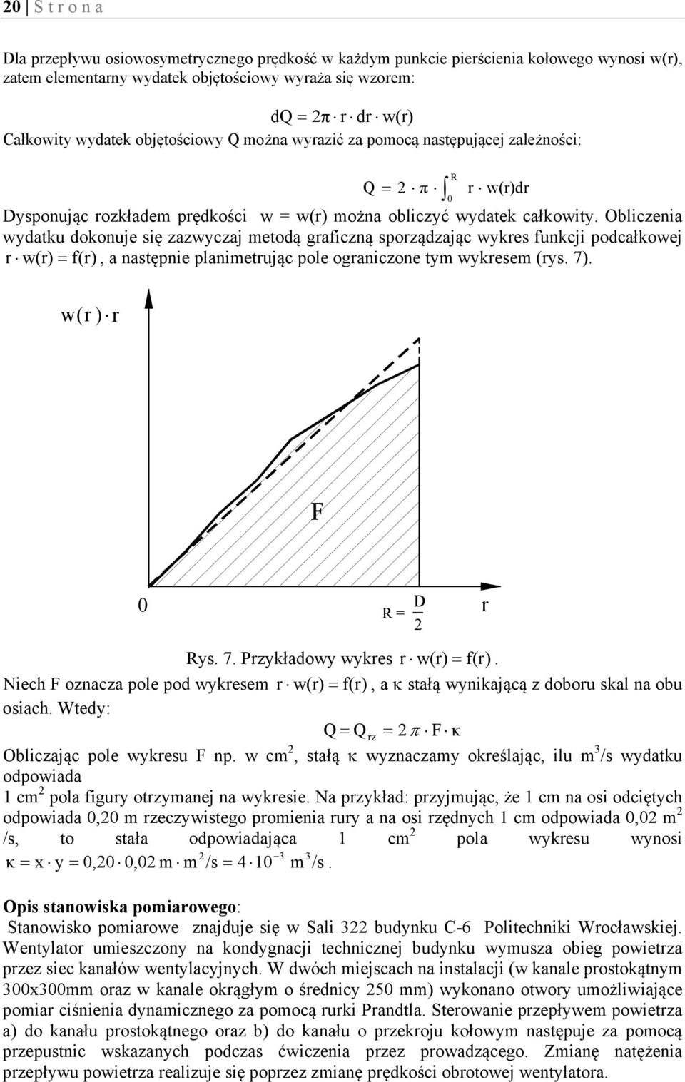 Obliczenia wydatku dokonuje się zazwyczaj metodą graficzną sporządzając wykres funkcji podcałkowej r w(r) = f(r), a następnie planimetrując pole ograniczone tym wykresem (rys. 7).