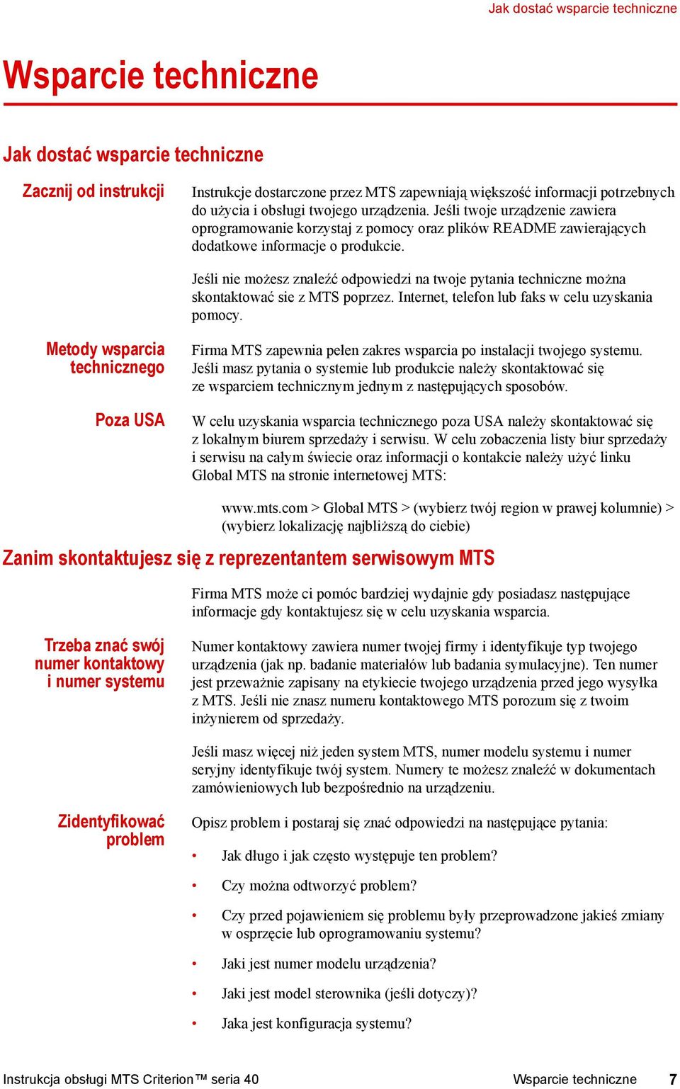 Jeśli nie możesz znaleźć odpowiedzi na twoje pytania techniczne można skontaktować sie z MTS poprzez. Internet, telefon lub faks w celu uzyskania pomocy.