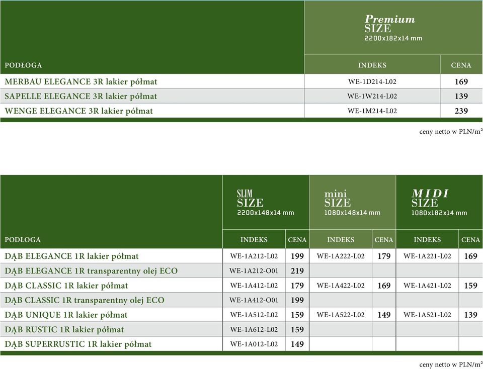 WE-1A221-L02 169 DĄB ELEGANCE 1R transparentny olej ECO WE-1A212-O01 219 DĄB CLASSIC 1R lakier półmat WE-1A412-L02 179 WE-1A422-L02 169 WE-1A421-L02 159 DĄB CLASSIC 1R