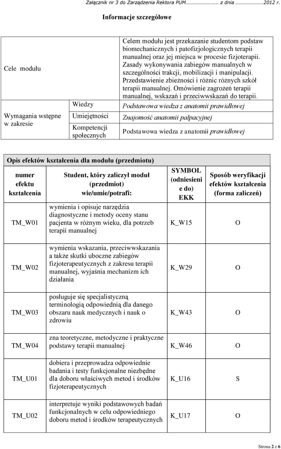 terapii manualnej oraz jej miejsca w procesie fizjoterapii. Zasady wykonywania zabiegów manualnych w szczególności trakcji, mobilizacji i manipulacji.