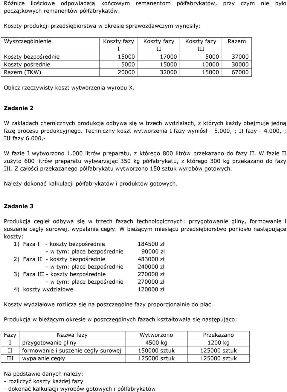 67000 Oblicz rzeczywisty koszt wytworzenia wyrobu X. W zakładach chemicznych produkcja odbywa się w trzech wydziałach, z których kaŝdy obejmuje jedną fazę procesu produkcyjnego.