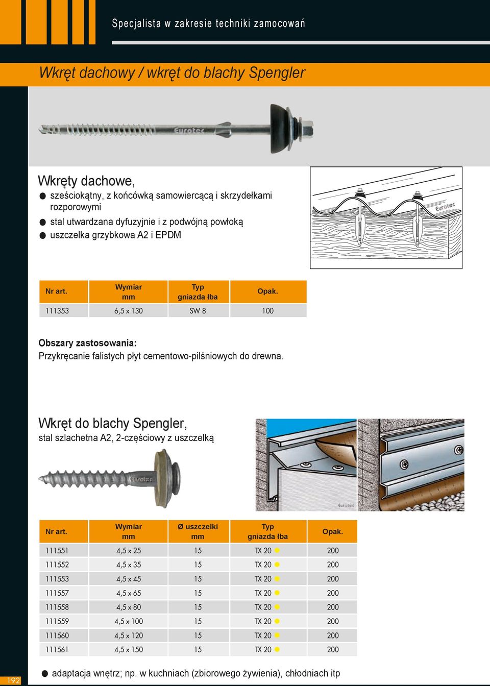 Wkręt do blachy Spengler, stal szlachetna A2, 2-częściowy z uszczelką 192 Wymiar Ø uszczelki Typ mm mm gniazda łba 111551 4,5 x 25 15 TX 20 200 111552 4,5 x 35 15 TX 20 200 111553 4,5 x 45