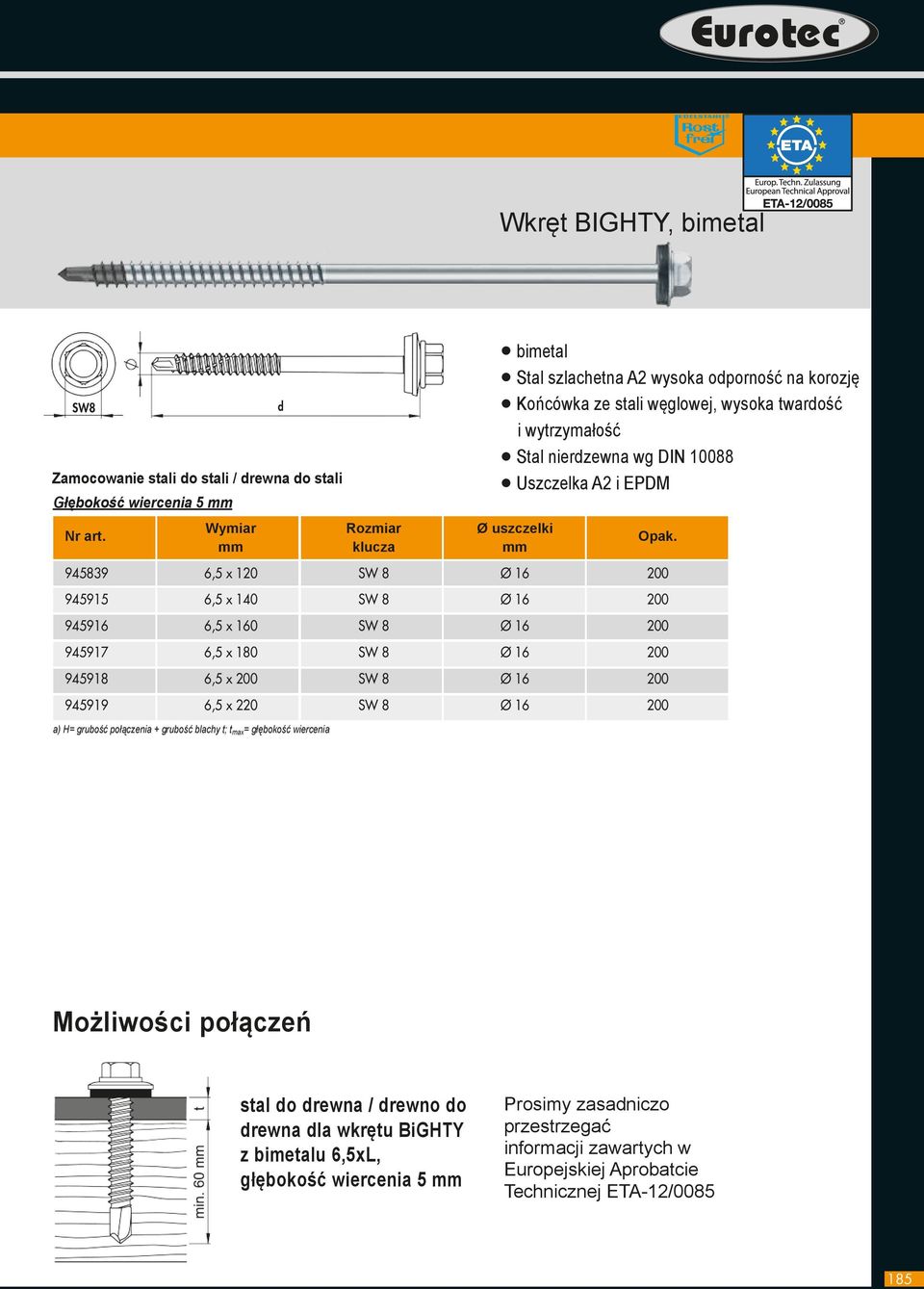 945917 6,5 x 180 SW 8 Ø 16 200 945918 6,5 x 200 SW 8 Ø 16 200 945919 6,5 x 220 SW 8 Ø 16 200 a) H= grubość połączenia + grubość blachy t; t max = głębokość wiercenia Możliwości połączeń