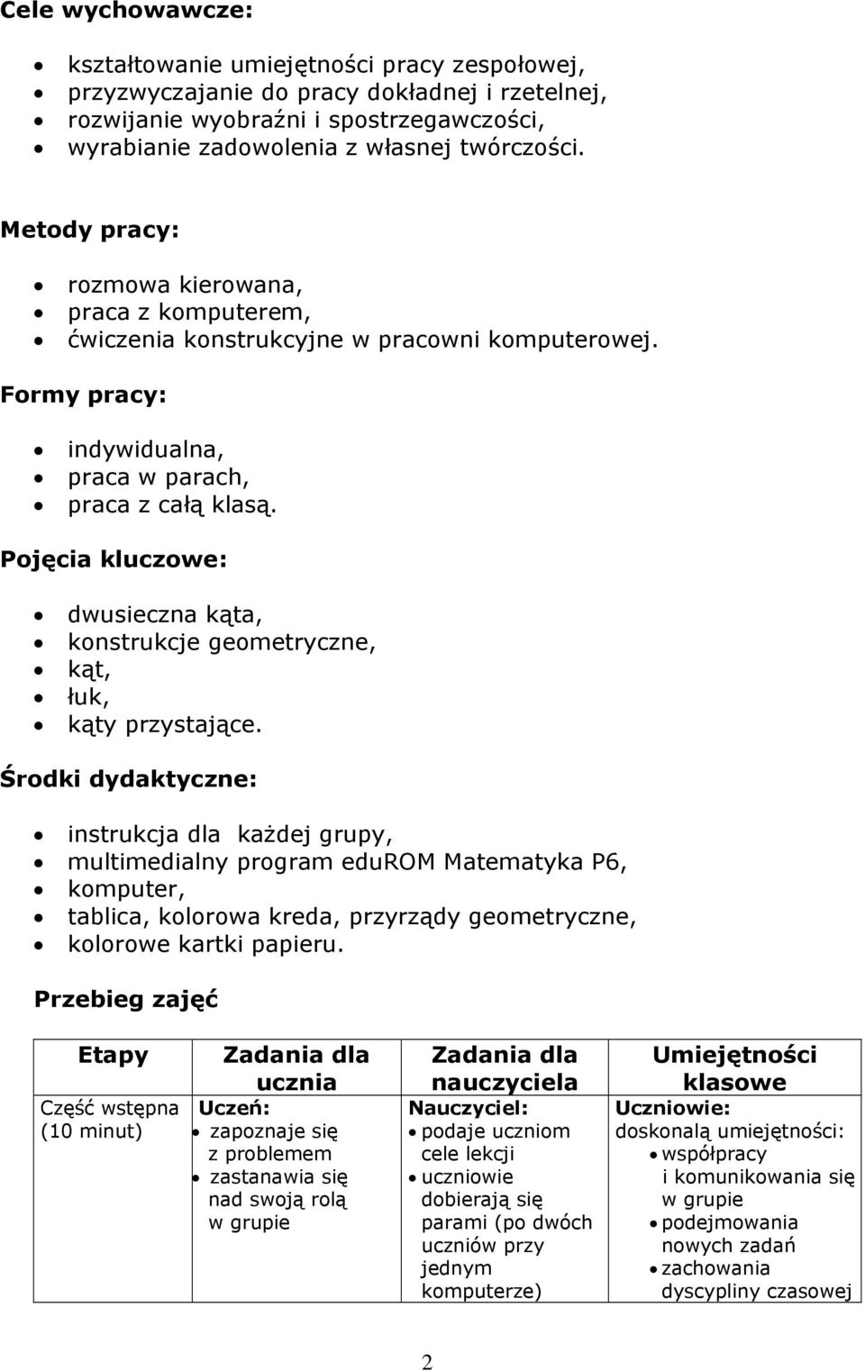 Pojęcia kluczowe: dwusieczna kąta, konstrukcje geometryczne, kąt, łuk, kąty przystające.